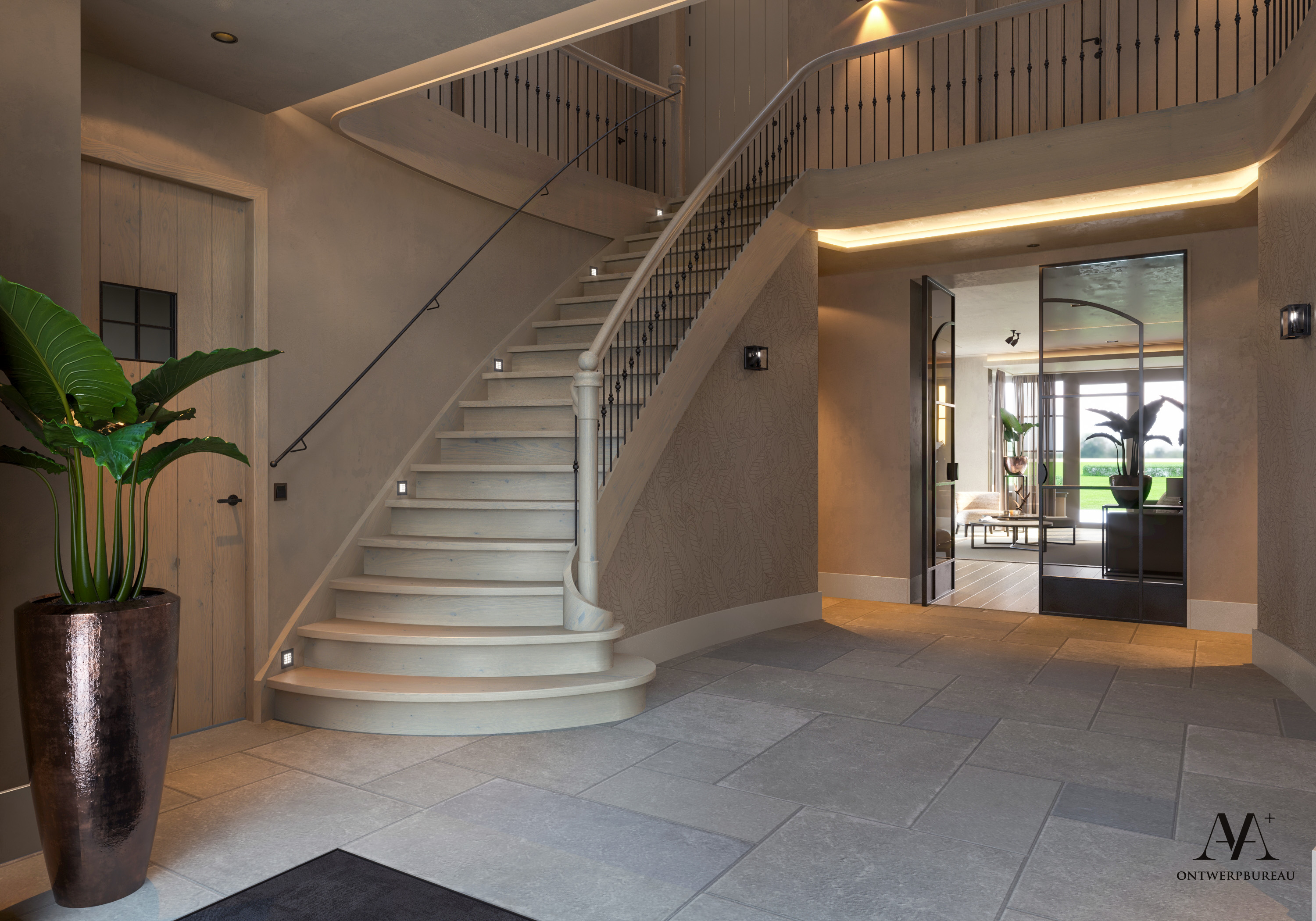 Residenti&euml;le villa interieur   3D luxe hal   AA+ ontwerpbureau   Marinus Weijers