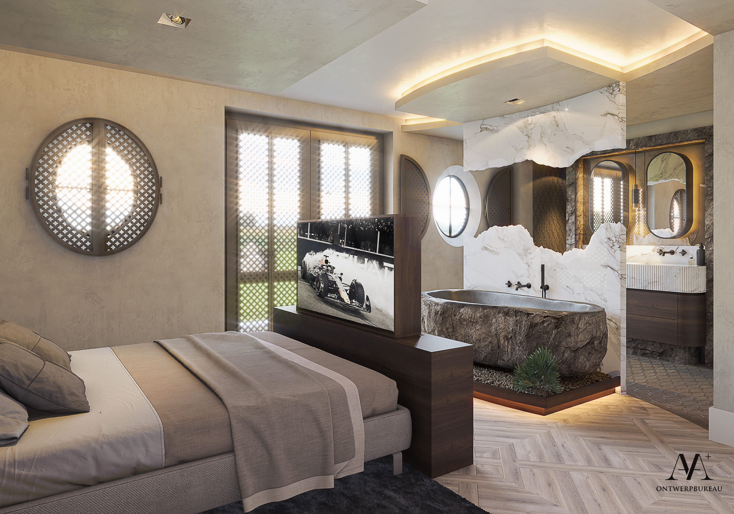 Residenti&euml;le villa interieur   3D master bedroom   AA+ ontwerpbureau   Marinus Weijers