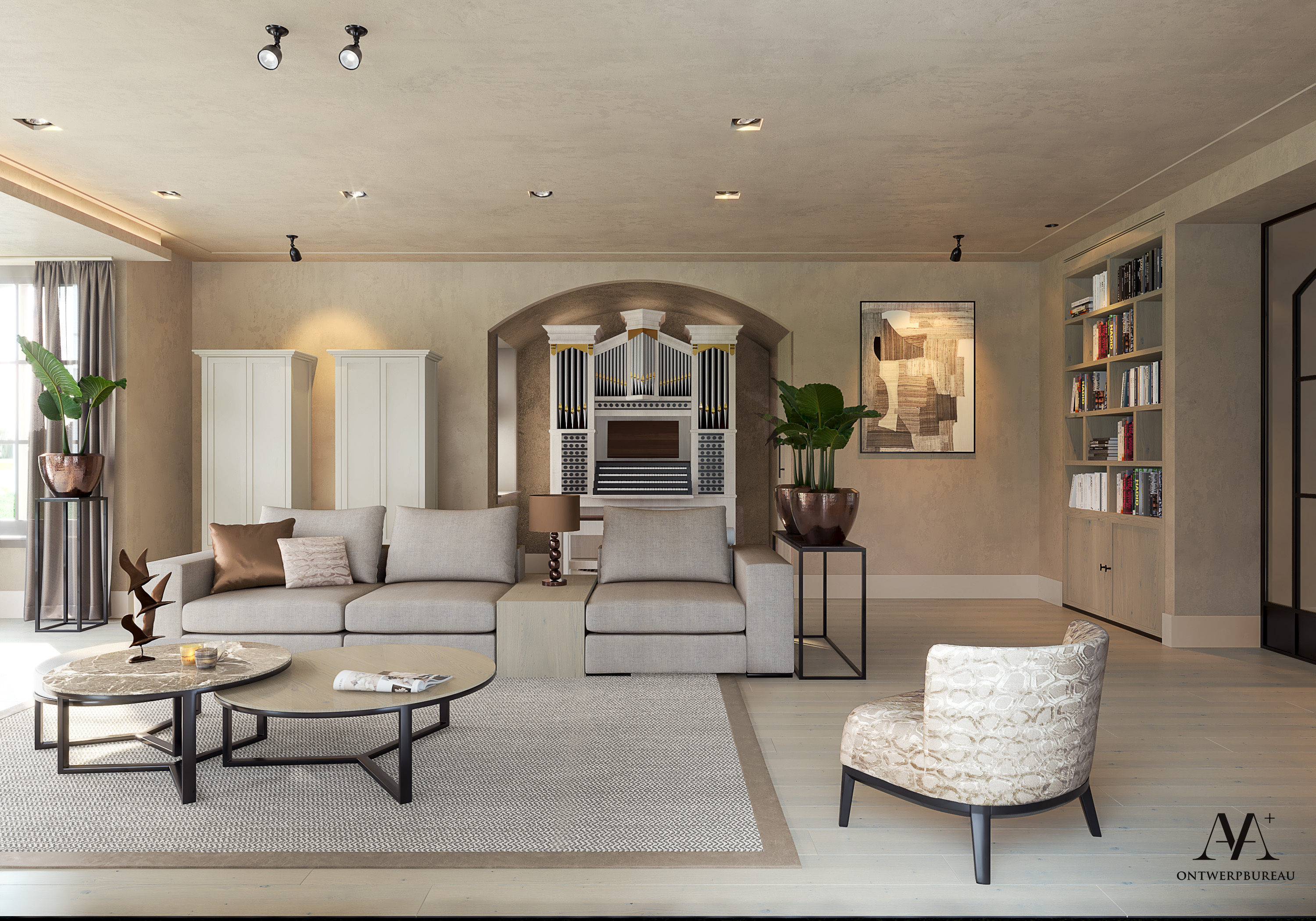 Residenti&euml;le villa interieur   3D woonkamer   AA+ ontwerpbureau   Marinus Weijers
